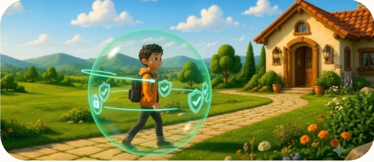 Ilustración de Camino Seguro: una persona caminando por el sendero hacia una casa