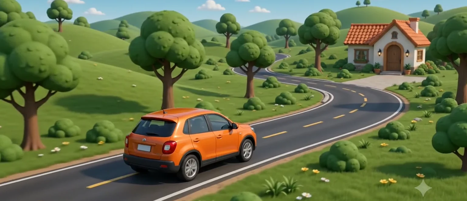 Ilustración original de YA LLEGO: un auto naranja en camino a casa